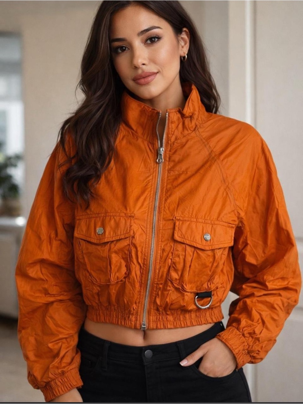 Women's Orange Bomber Jacket with Front Pockets
